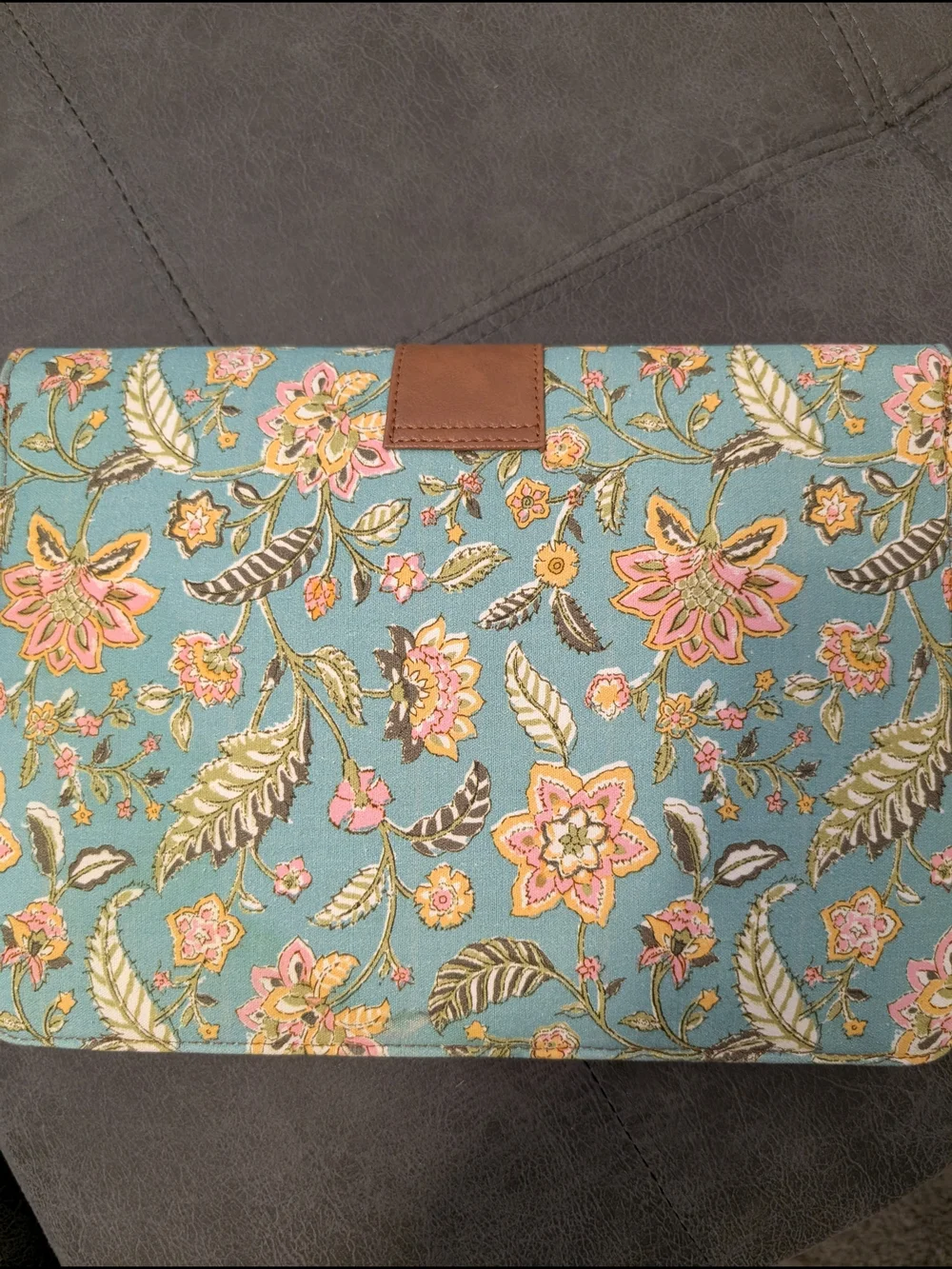 Floral Turquoise Canvas Tablet Case with Brown Trim
